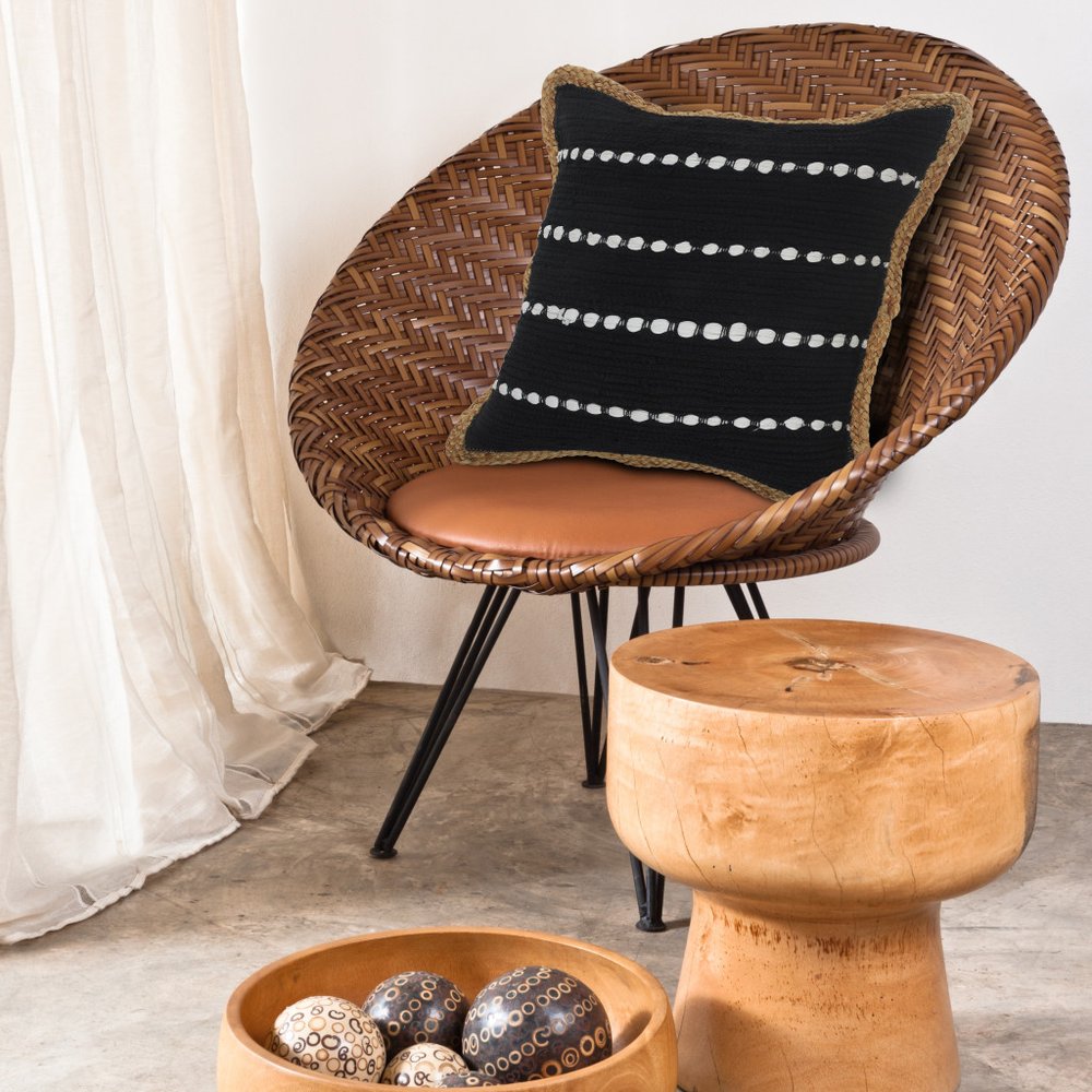 18" Black And White Beach Striped Cotton Blend Throw Pillow Cover with Embroidery And Texture