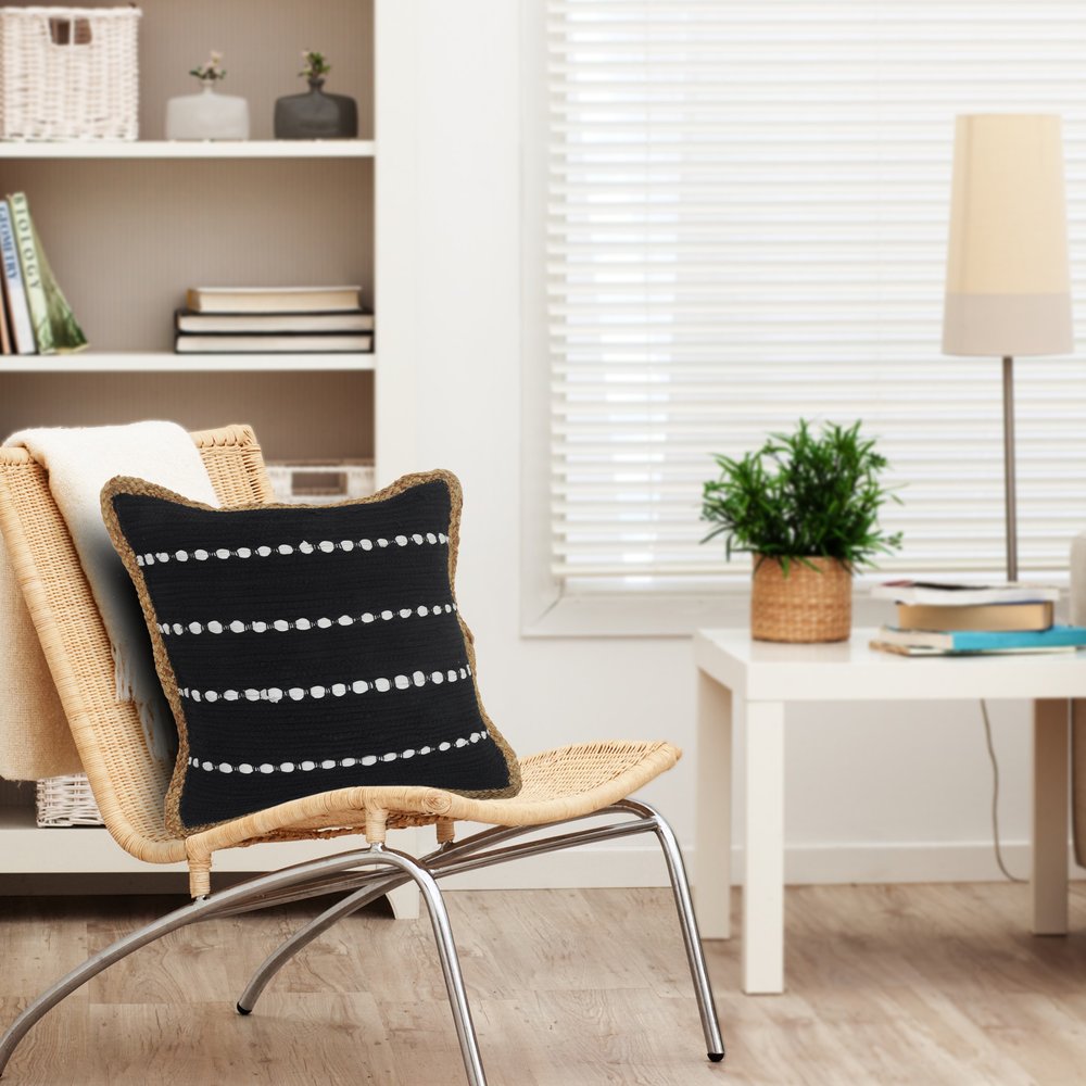 18" Black And Off White Striped Cotton Blend Throw Pillow Cover