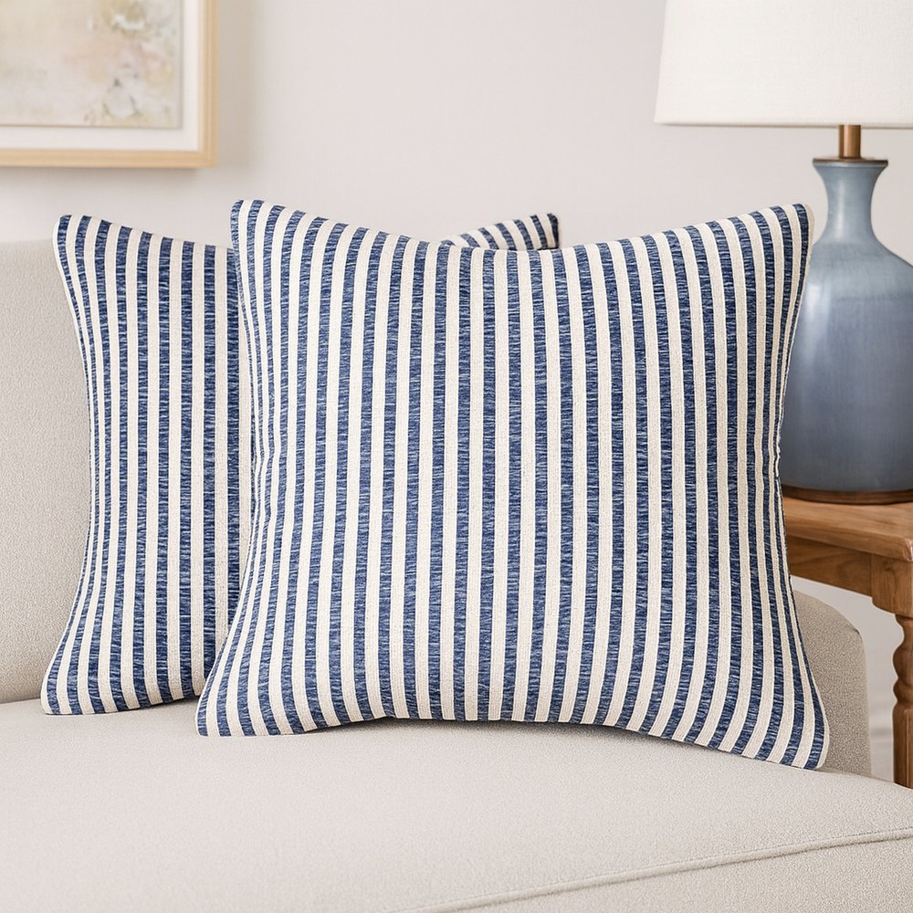 Set of Two 22" Blue And White Striped Cotton Throw Pillow Covers