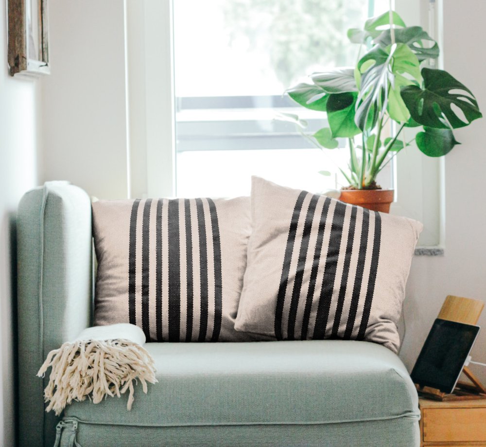 Set of Two 22" White And Black Striped Cotton Throw Pillow Covers