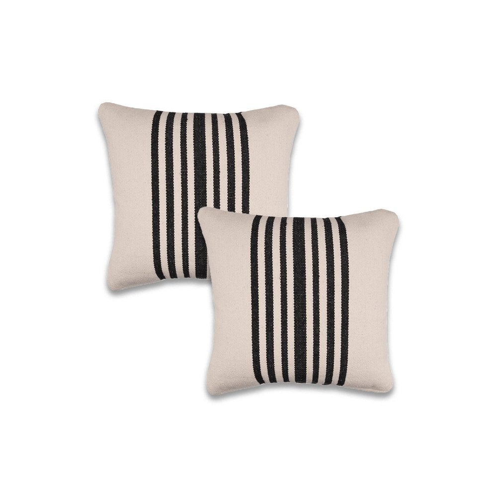 Set of Two 22" White And Black Striped Cotton Throw Pillow Covers