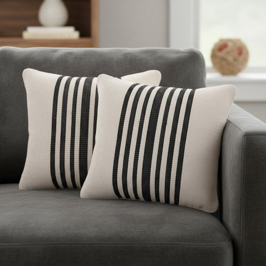 Set of Two 22" X 22" White And Black Lumbar Striped Cotton Throw Pillow Covers