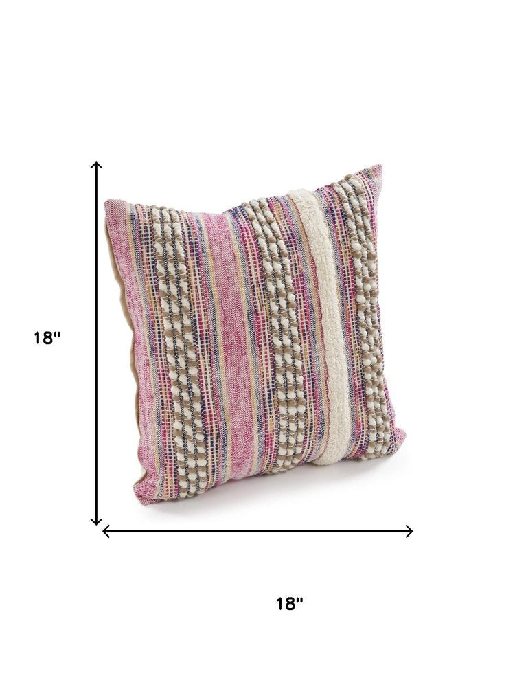 Set of Two 18" X 18" Pink And Ivory Lumbar Striped Cotton Blend Throw Pillow Covers with Texture