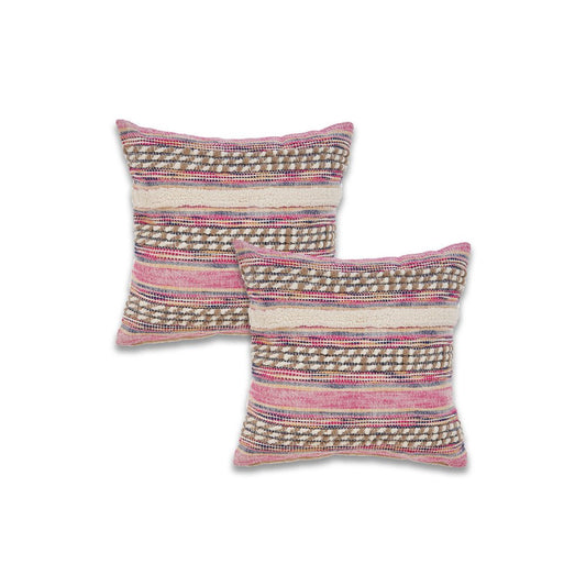 Set of Two 18" X 18" Pink And Ivory Lumbar Striped Cotton Blend Throw Pillow Covers with Texture