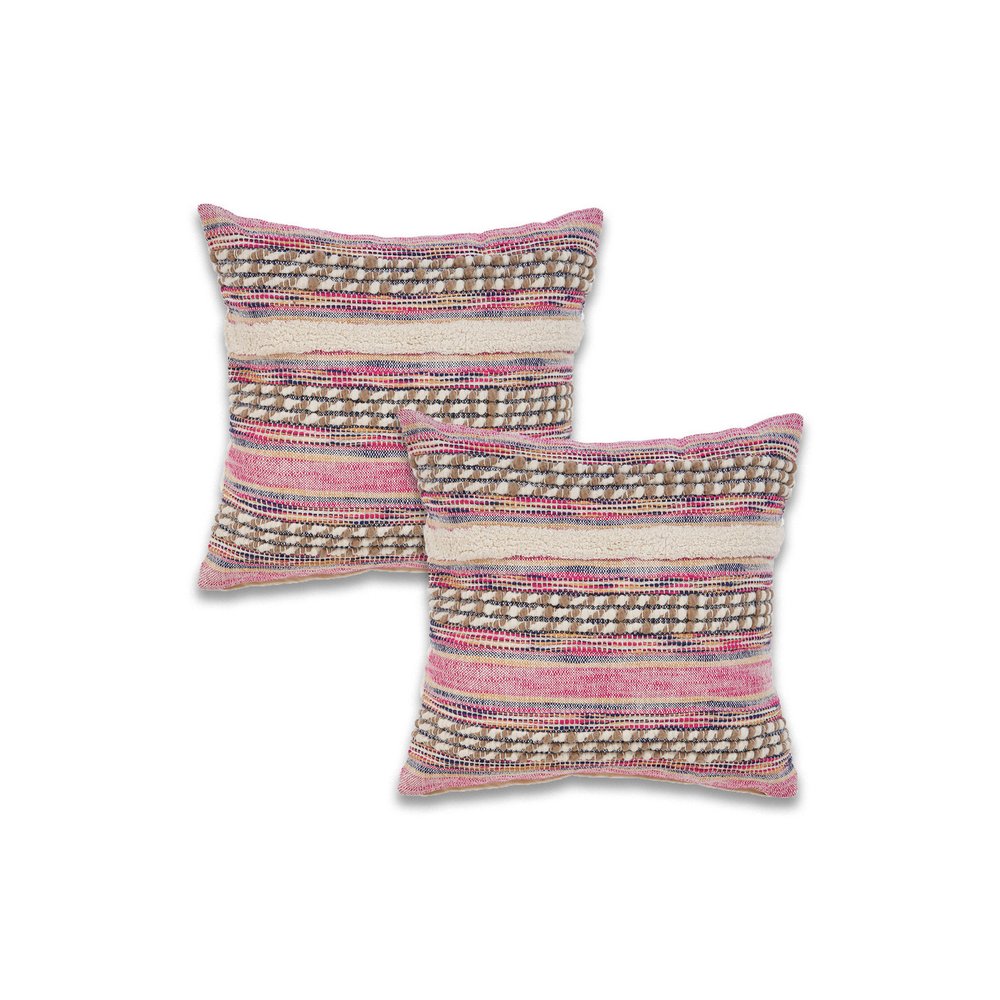 Set of Two 18" X 18" Pink And Ivory Lumbar Striped Cotton Blend Throw Pillow Covers with Texture