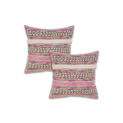 Set of Two 18" X 18" Pink And Ivory Lumbar Striped Cotton Blend Throw Pillow Covers with Texture