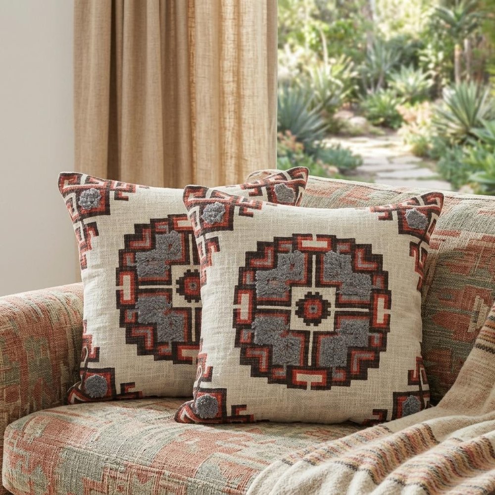Set of Two 18" X 18" Brown Beige And Orange Lumbar Southwestern Cotton Throw Pillow Covers