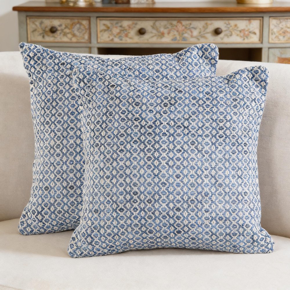 Set of Two 18" Navy Blue And White Geometric Cotton Throw Pillow Covers