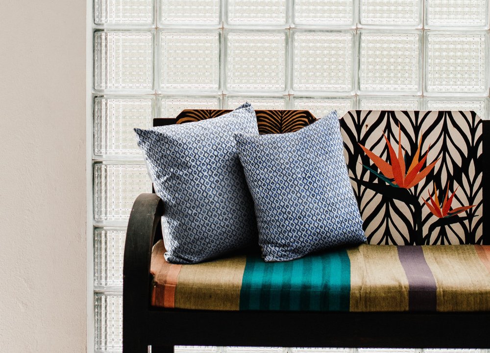 Set of Two 18" Navy Blue And White Geometric Cotton Throw Pillow Covers