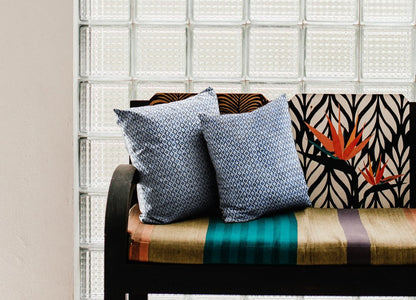 Set of Two 18" Navy Blue And White Geometric Cotton Throw Pillow Covers