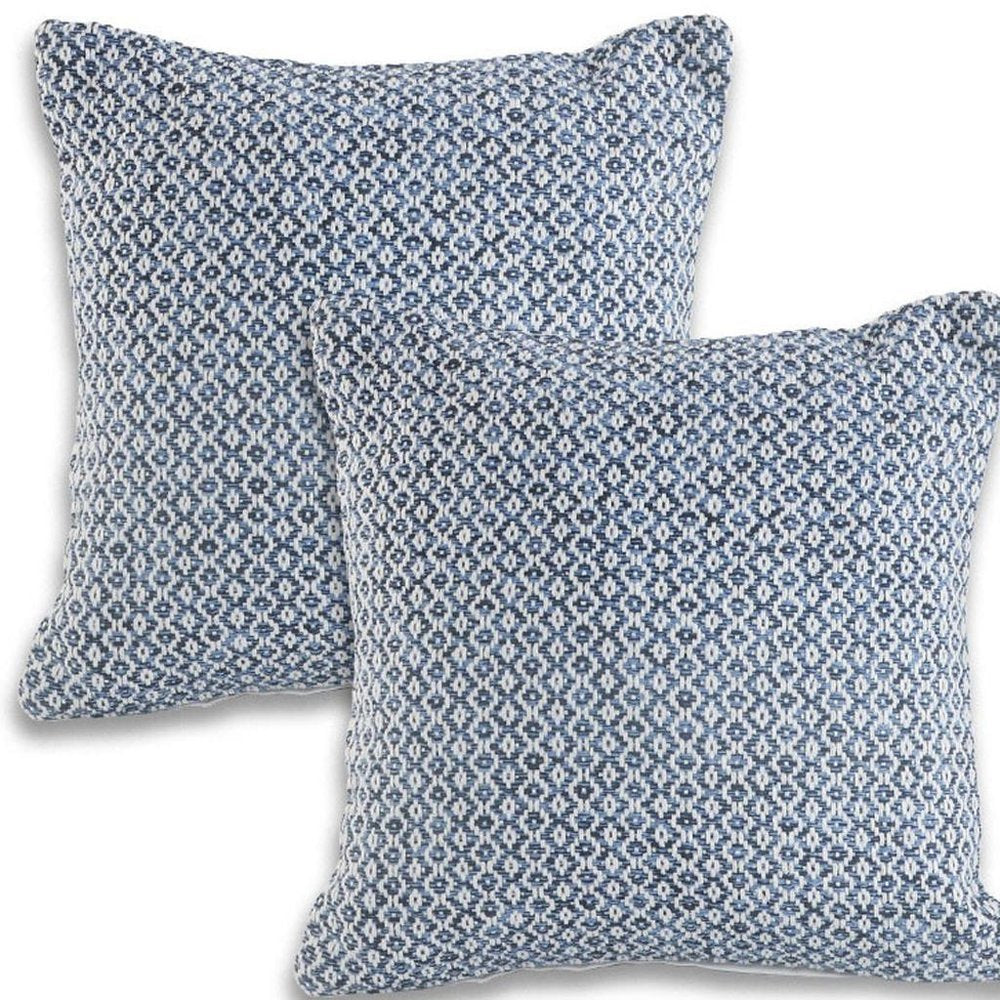 Set of Two 18" X 18" Blue And White Lumbar Geometric Cotton Throw Pillow Covers