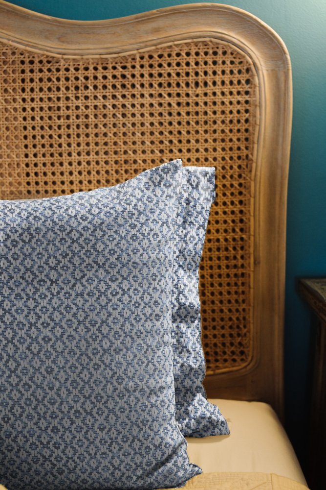 Set of Two 18" Navy Blue And White Geometric Cotton Throw Pillow Covers