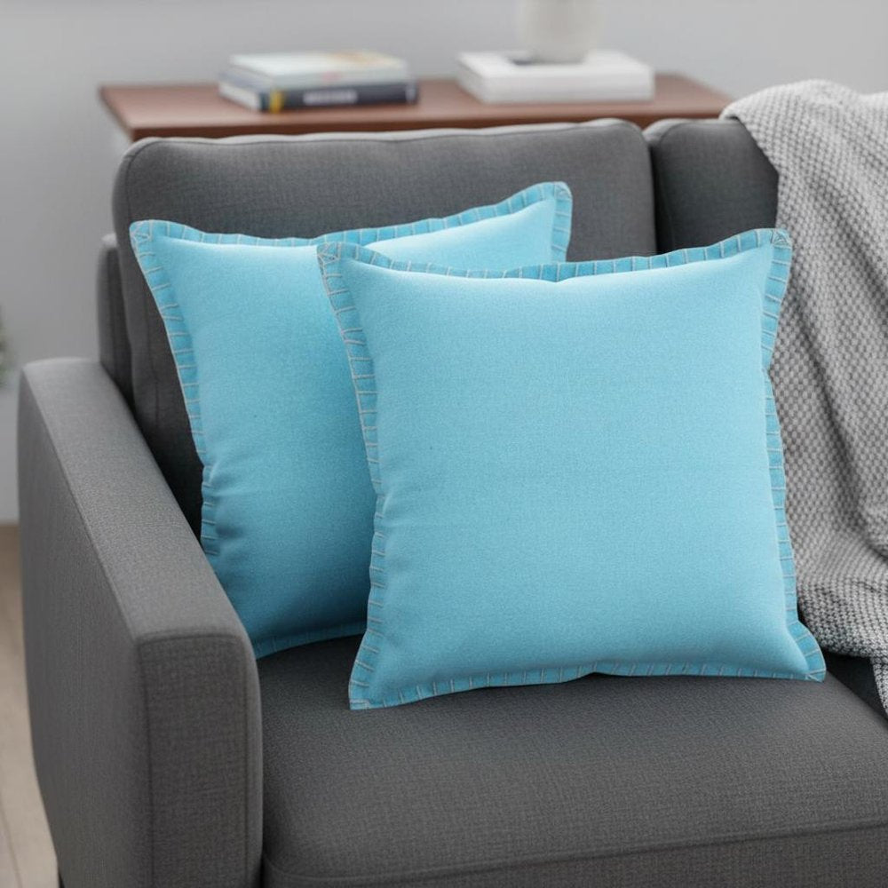 Set of Two 20" Blue Cotton Throw Pillow Covers