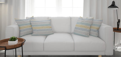Set of Four 18" Yellow And Blue Chevron Cotton Throw Pillow Covers