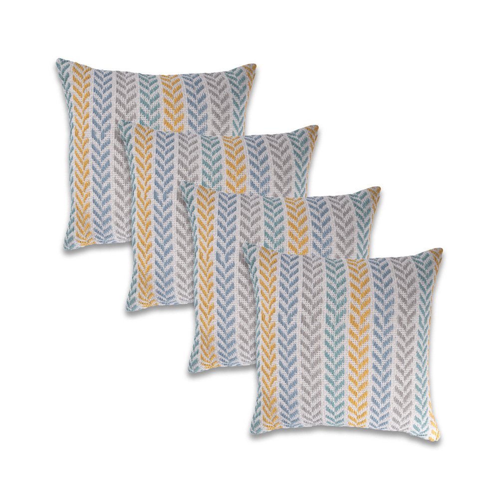 Set of Four 18" Yellow And Blue Chevron Cotton Throw Pillow Covers
