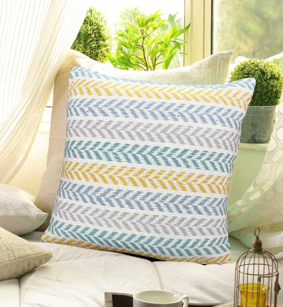 Set of Four 18" Yellow And Blue Chevron Cotton Throw Pillow Covers