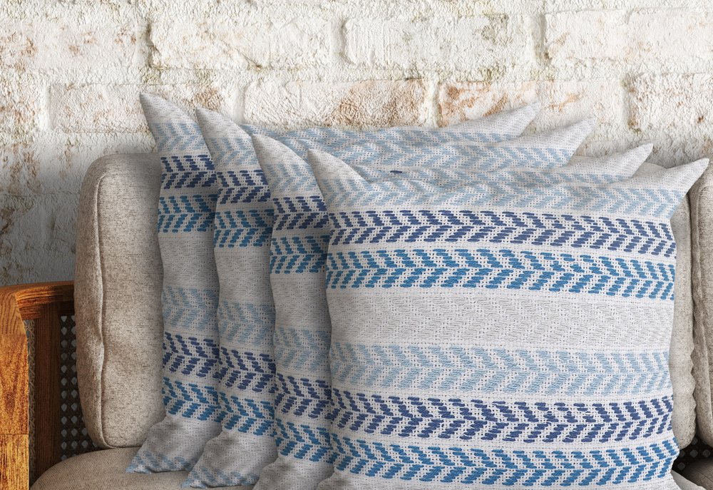 Set of Four 18" Blue And Beige Chevron Cotton Throw Pillow Covers