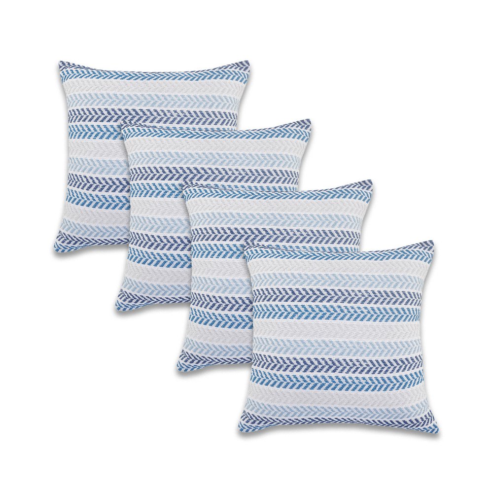 Set of Four 18" X 18" Blue And Beige Lumbar Beach Chevron Cotton Throw Pillow Covers
