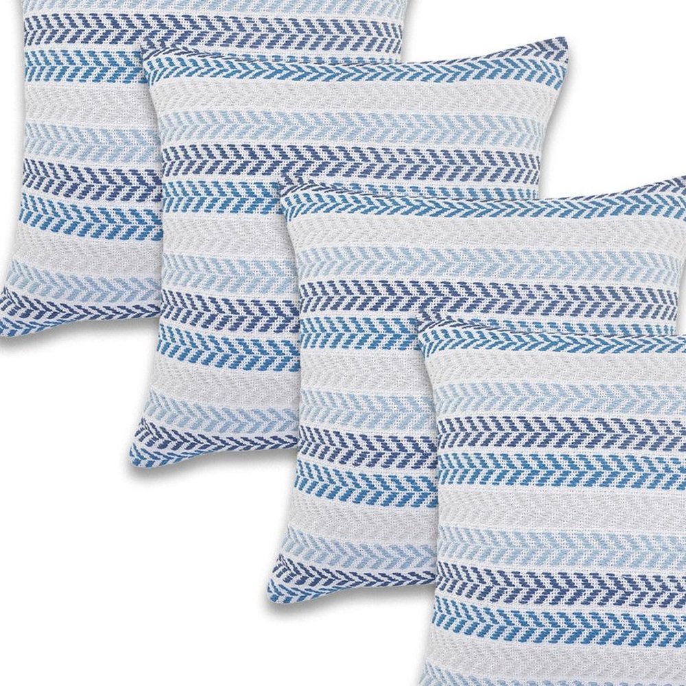 Set of Four 18" Blue And Beige Chevron Cotton Throw Pillow Covers