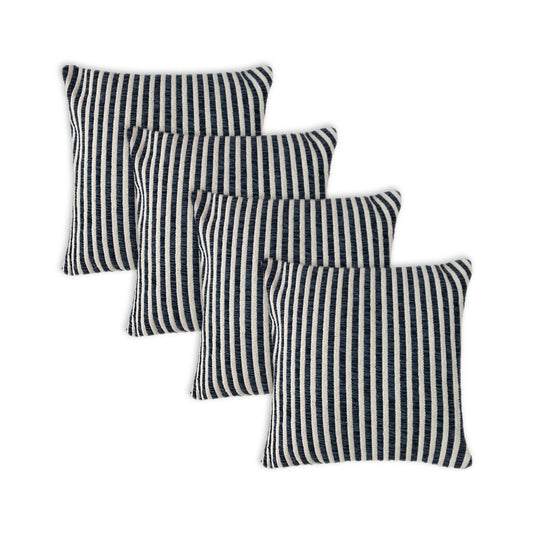 Set of Four 22" X 22" Blue And White Lumbar Striped Cotton Throw Pillow Covers