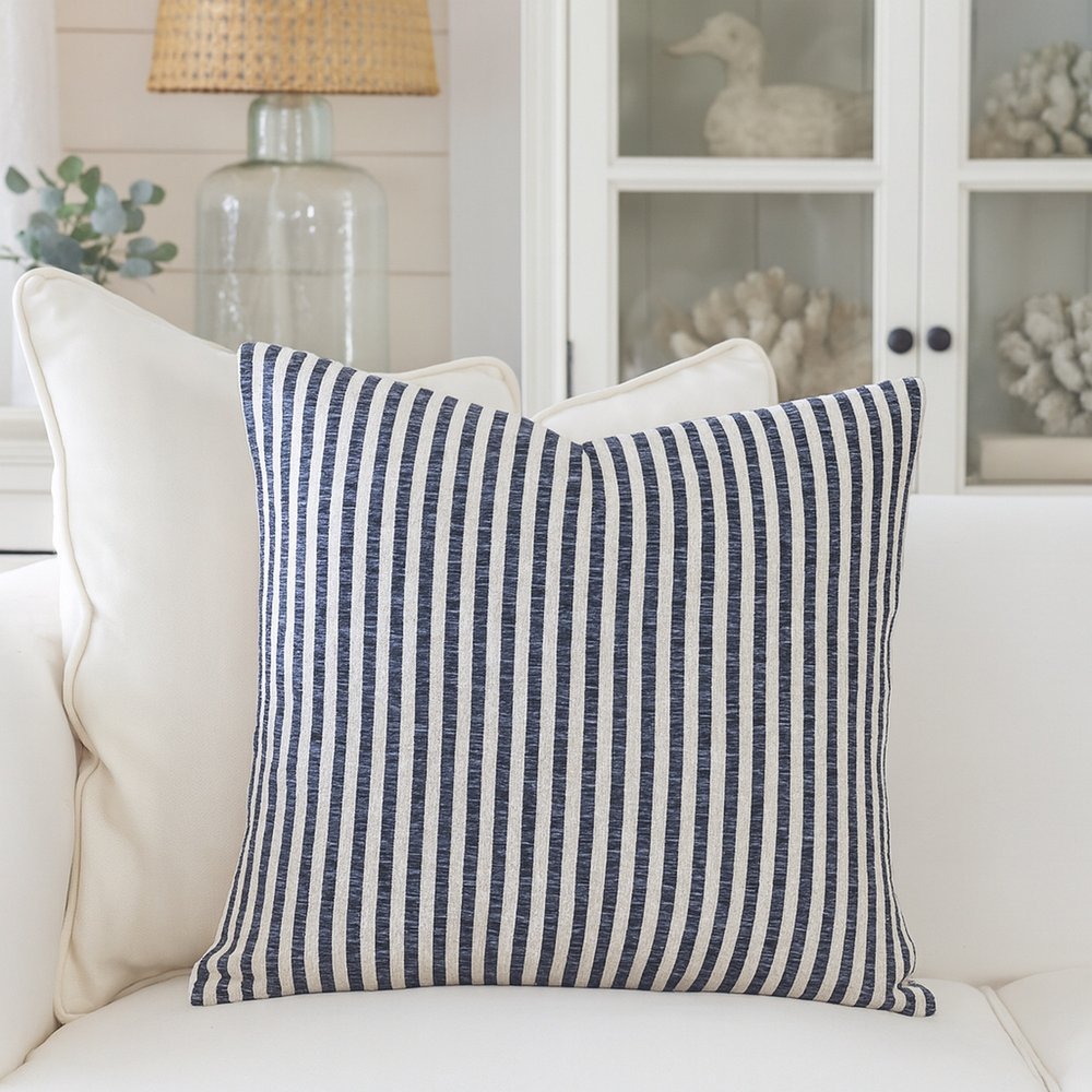 Set of Four 22" Blue And White Striped Cotton Throw Pillow Covers