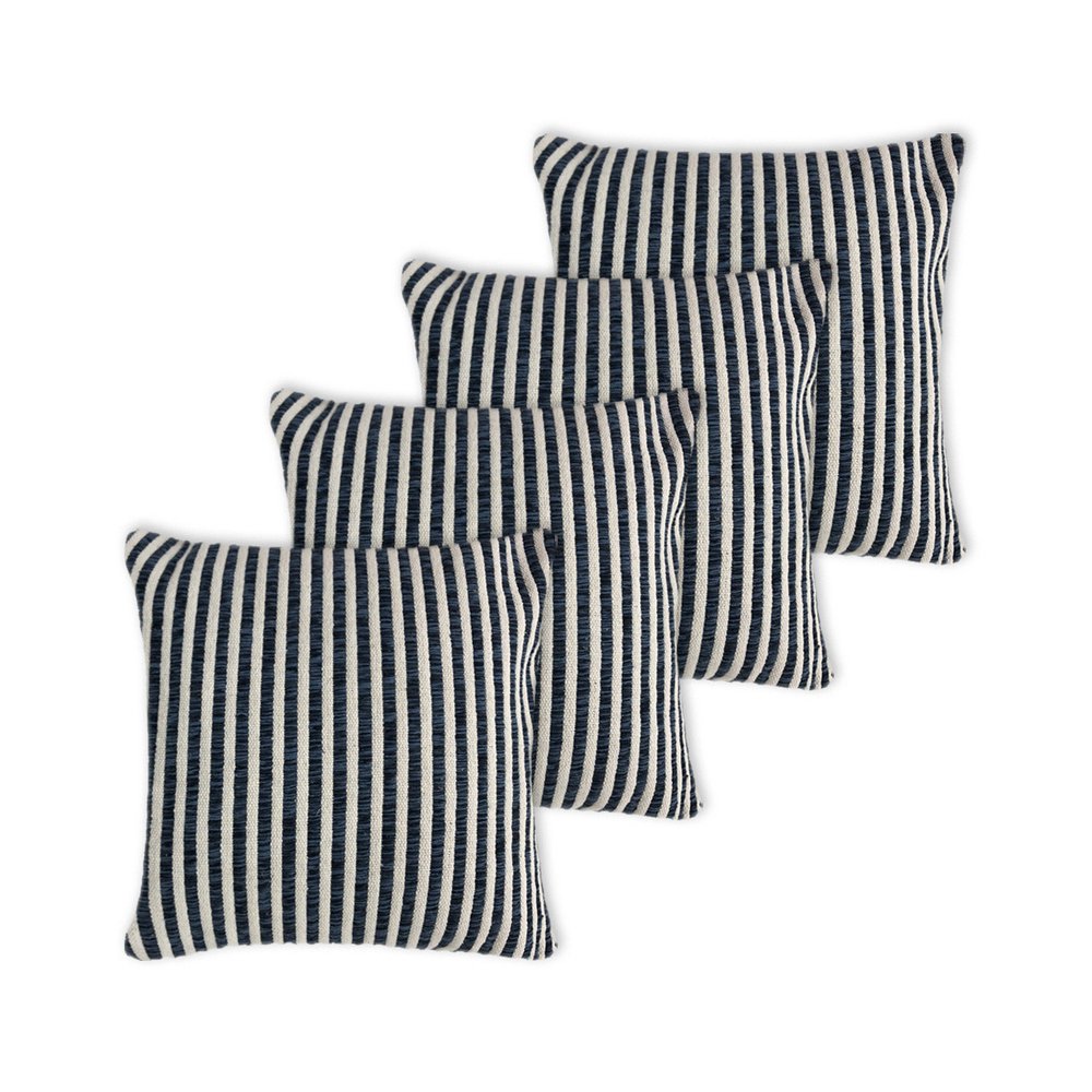 Set of Four 22" X 22" Blue And White Lumbar Striped Cotton Throw Pillow Covers