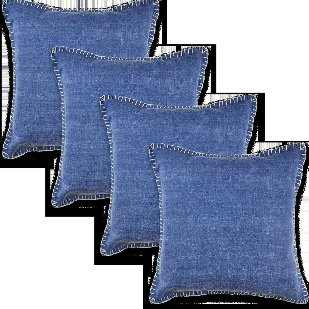 Set of Four 22" Blue Cotton Throw Pillow Covers