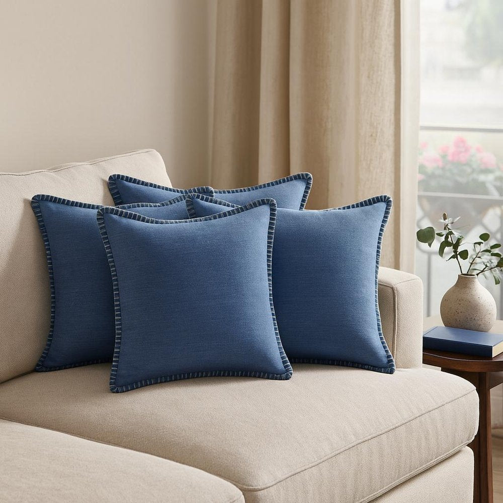 Set of Four 22" X 22" Blue Lumbar Cotton Throw Pillow Covers