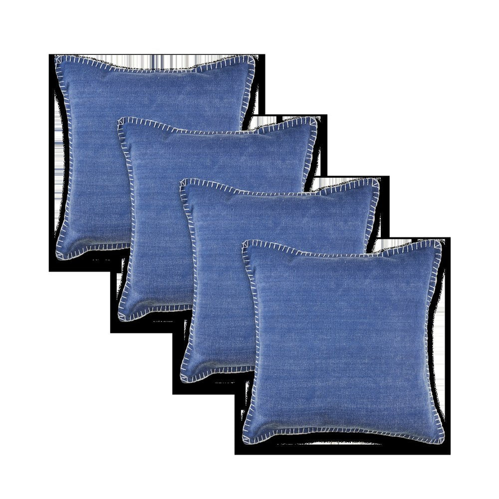 Set of Four 22" Blue Cotton Throw Pillow Covers