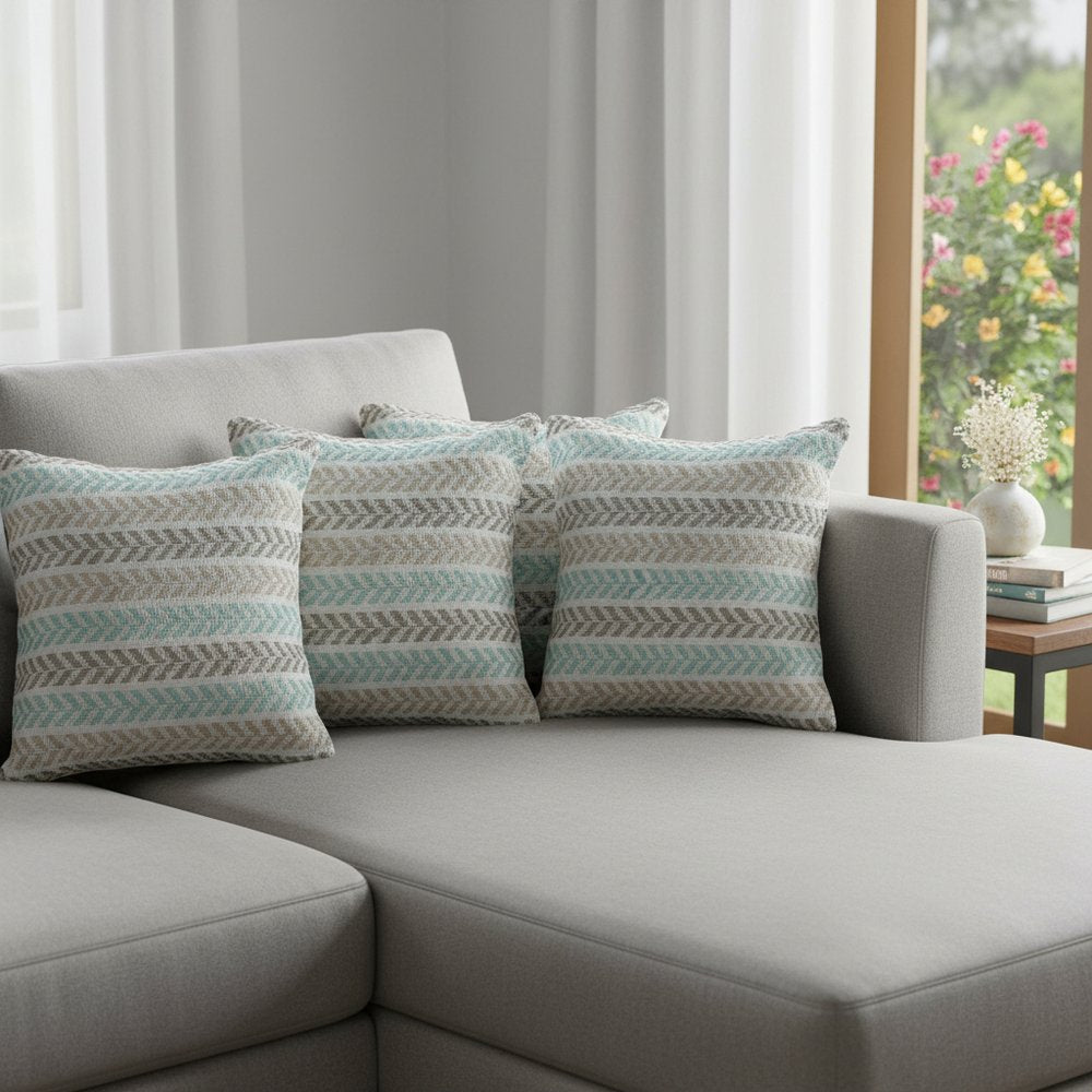 Set of Four 18" Gray And Blue Chevron Cotton Throw Pillow Covers
