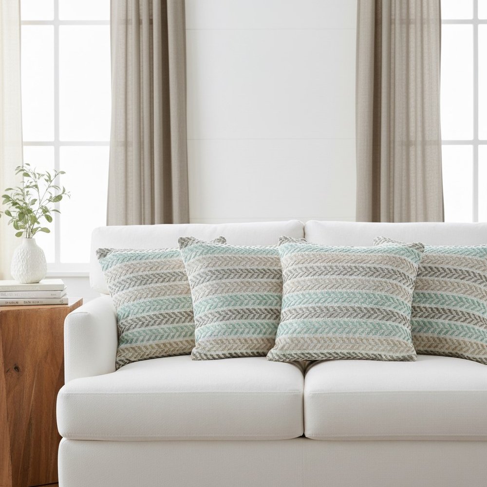 Set of Four 18" Gray And Blue Chevron Cotton Throw Pillow Covers