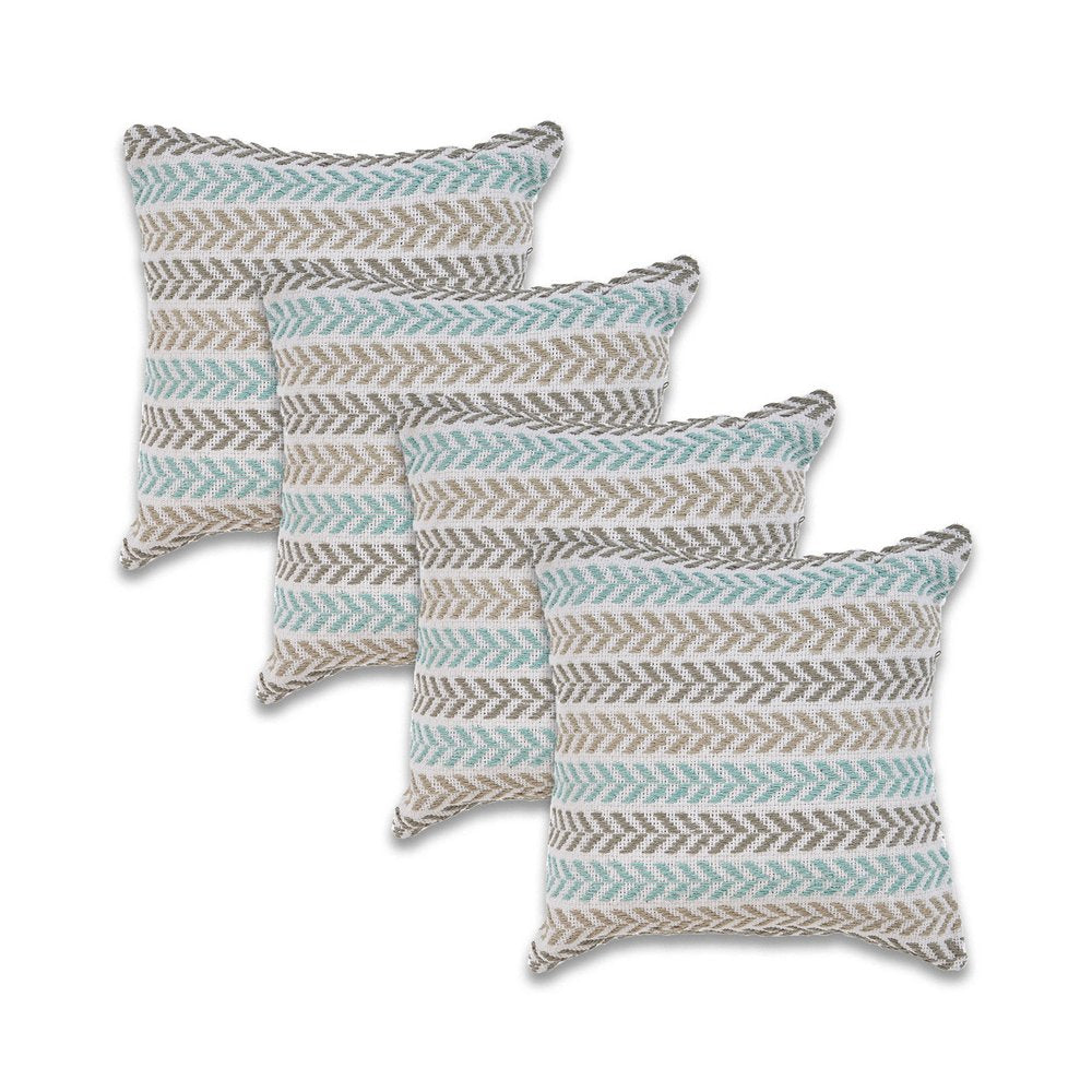 Set of Four 18" Gray And Blue Chevron Cotton Throw Pillow Covers