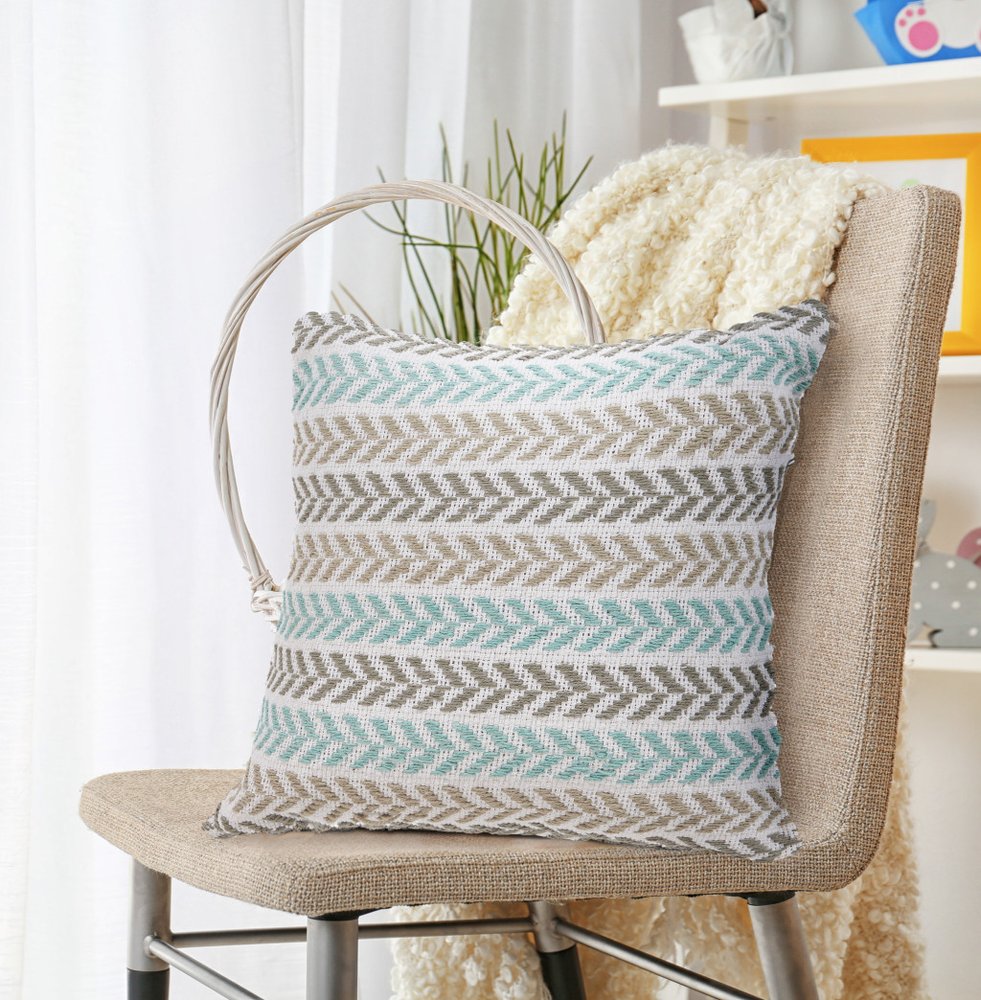 Set of Four 18" Gray And Blue Chevron Cotton Throw Pillow Covers