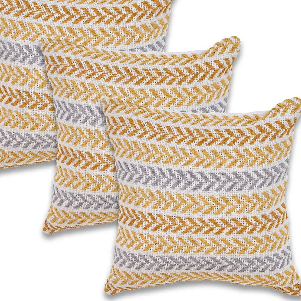 Set of Four 18" Yellow And White Chevron Cotton Throw Pillow Covers