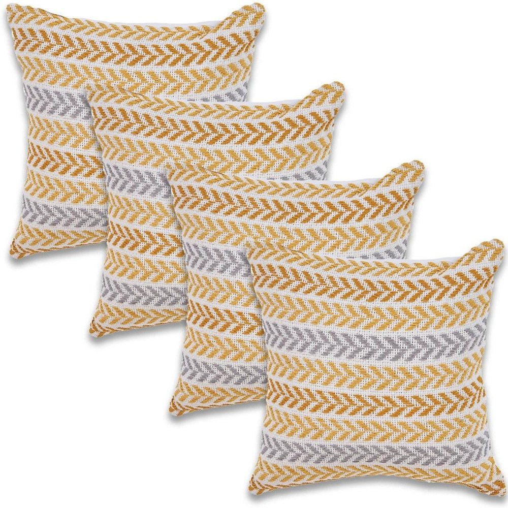 Set of Four 18" Yellow And White Chevron Cotton Throw Pillow Covers
