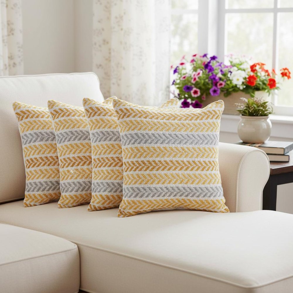 Set of Four 18" X 18" Yellow And Gray Lumbar Beach Chevron Cotton Throw Pillow Covers