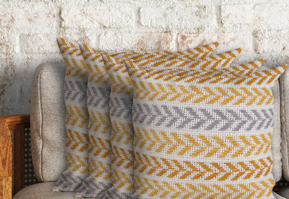 Set of Four 18" Yellow And White Chevron Cotton Throw Pillow Covers