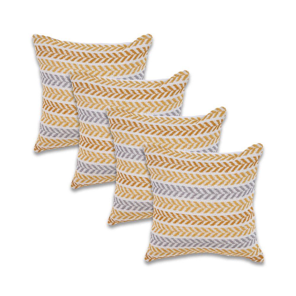 Set of Four 18" Yellow And White Chevron Cotton Throw Pillow Covers