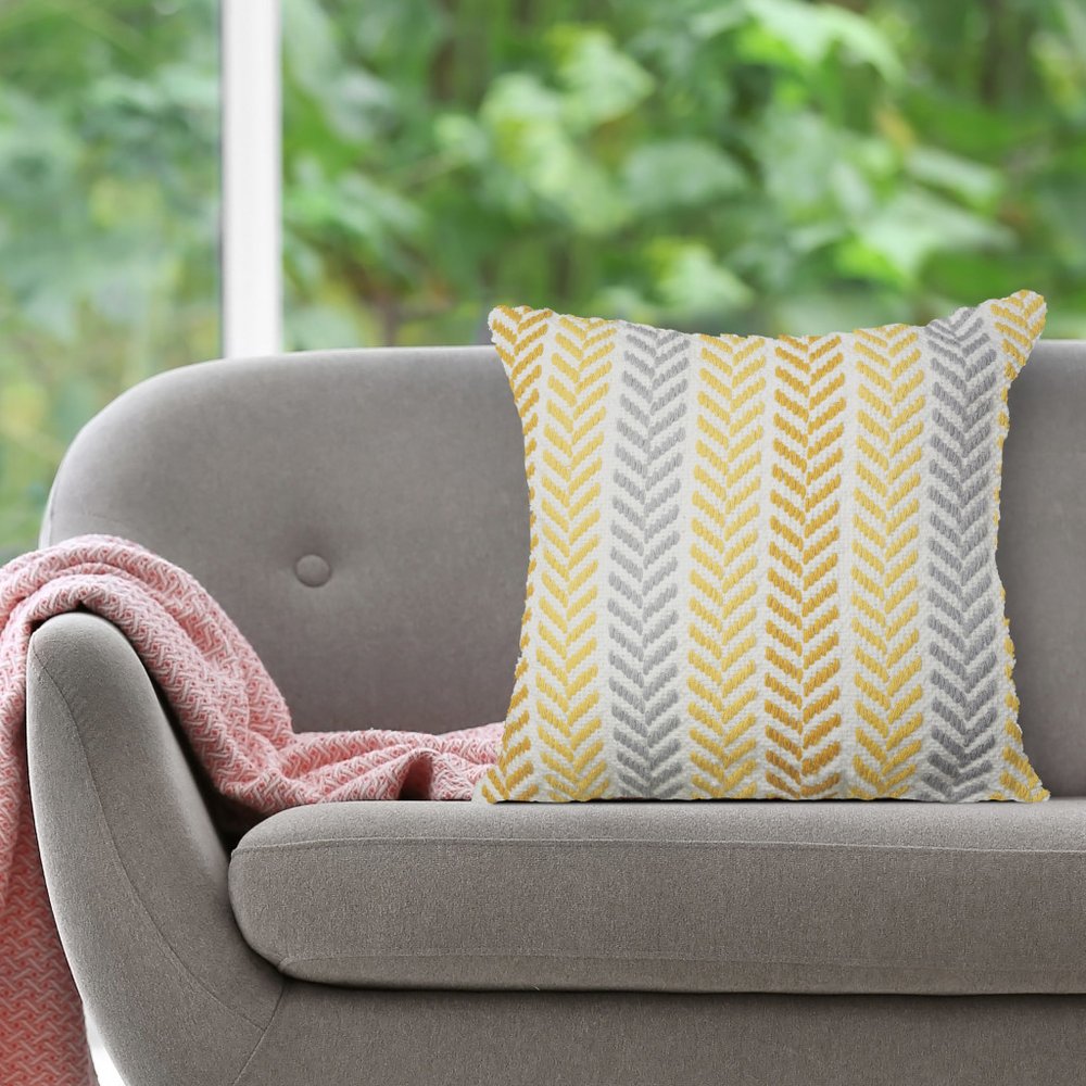 Set of Four 18" Yellow And White Chevron Cotton Throw Pillow Covers