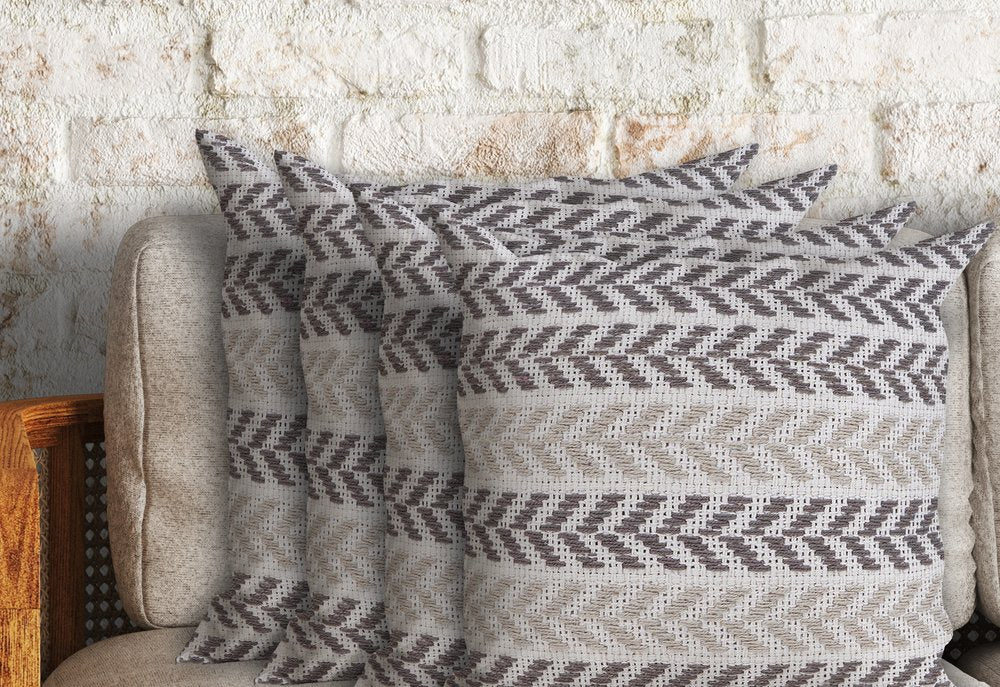 Set of Four 18" Gray And Beige Chevron Cotton Throw Pillow Covers