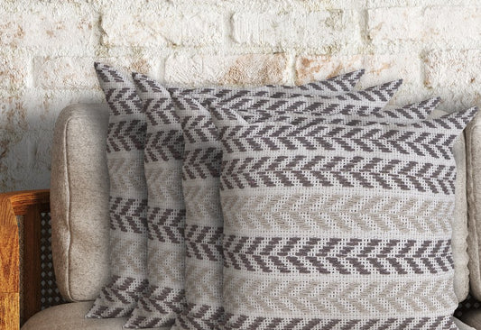 Set of Four 18" Gray And Beige Chevron Cotton Throw Pillow Covers