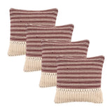 Set of Four 20" X 20" Maroon And Ivory Lumbar Striped Cotton Throw Pillow Covers with Tassels
