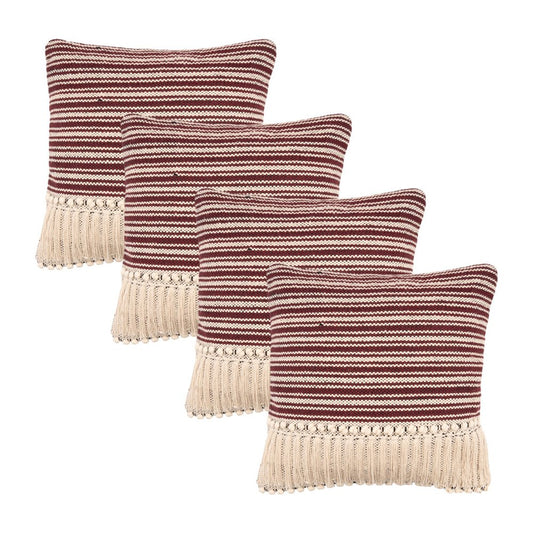 Set of Four 20" X 20" Maroon And Ivory Lumbar Striped Cotton Throw Pillow Covers with Tassels
