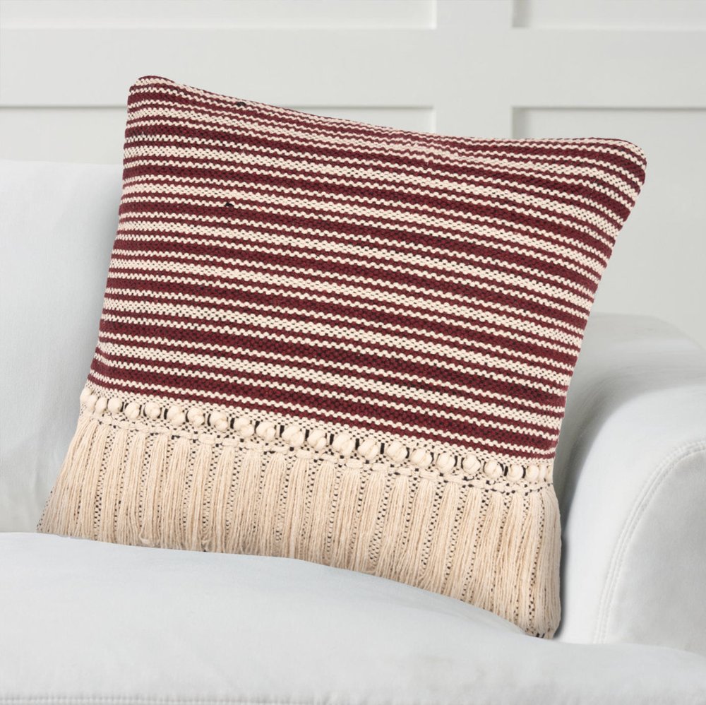 Set of Four 20" Maroon And Black Striped Cotton Throw Pillow Covers