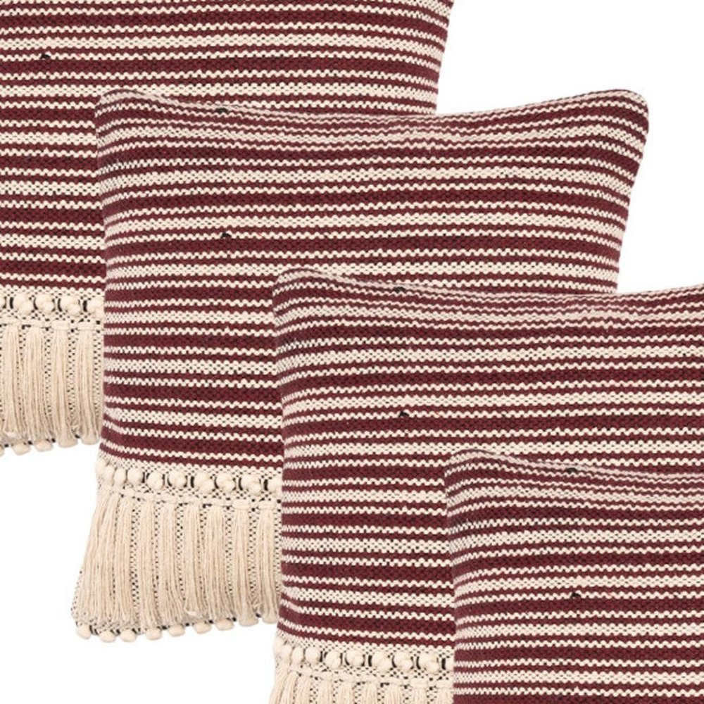 Set of Four 20" X 20" Maroon And Ivory Lumbar Striped Cotton Throw Pillow Covers with Tassels