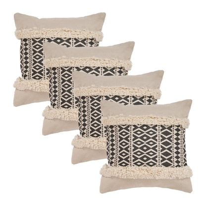 Set of Four 18" X 18" Black And Natural Lumbar Geometric Cotton Throw Pillow Covers with Fringe