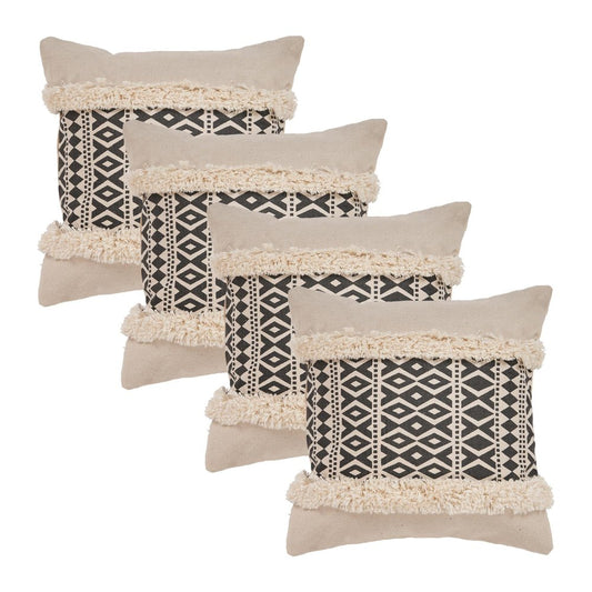 Set of Four 18" X 18" Black And Natural Lumbar Geometric Cotton Throw Pillow Covers with Fringe