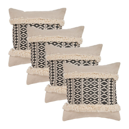 Set of Four 18" X 18" Black And Natural Lumbar Geometric Cotton Throw Pillow Covers with Fringe