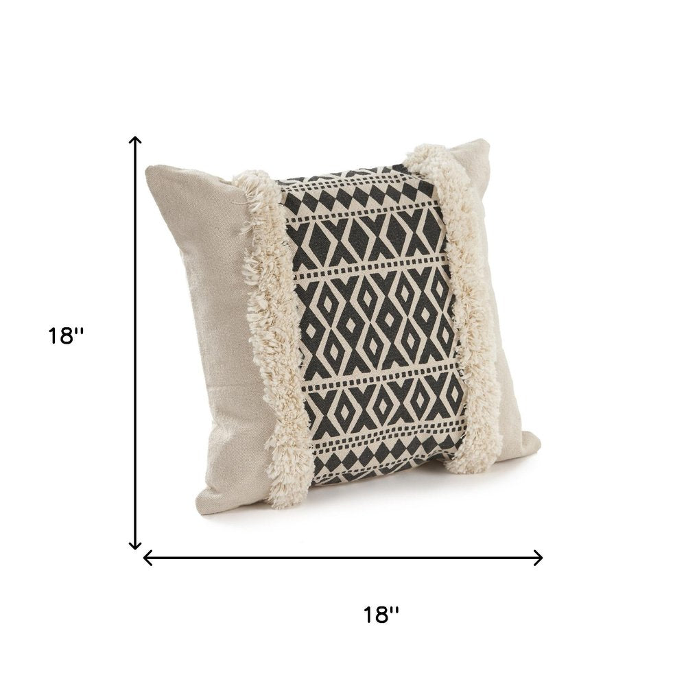 Set of Four 18" X 18" Black And Natural Lumbar Geometric Cotton Throw Pillow Covers with Fringe