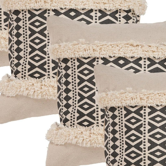 Set of Four 18" X 18" Black And Natural Lumbar Geometric Cotton Throw Pillow Covers with Fringe